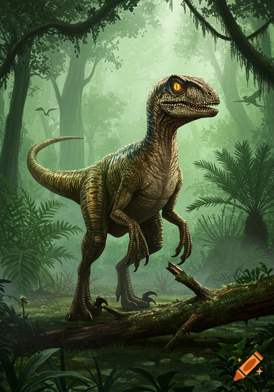 A detailed raptor dinosaur with orange eyes and striped green-brown scales stands in a lush, misty jungle with dense foliage.