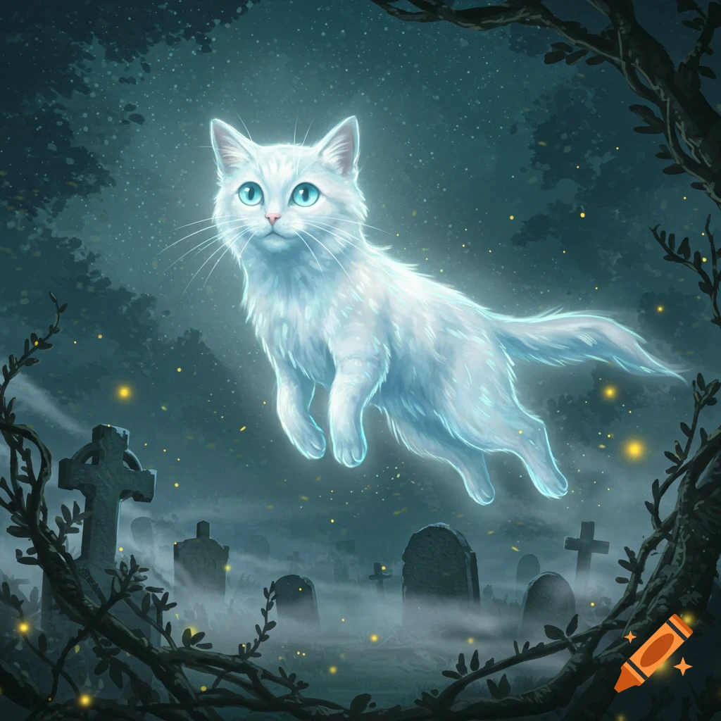 A glowing white ethereal cat with blue eyes floats over a misty graveyard at night.
