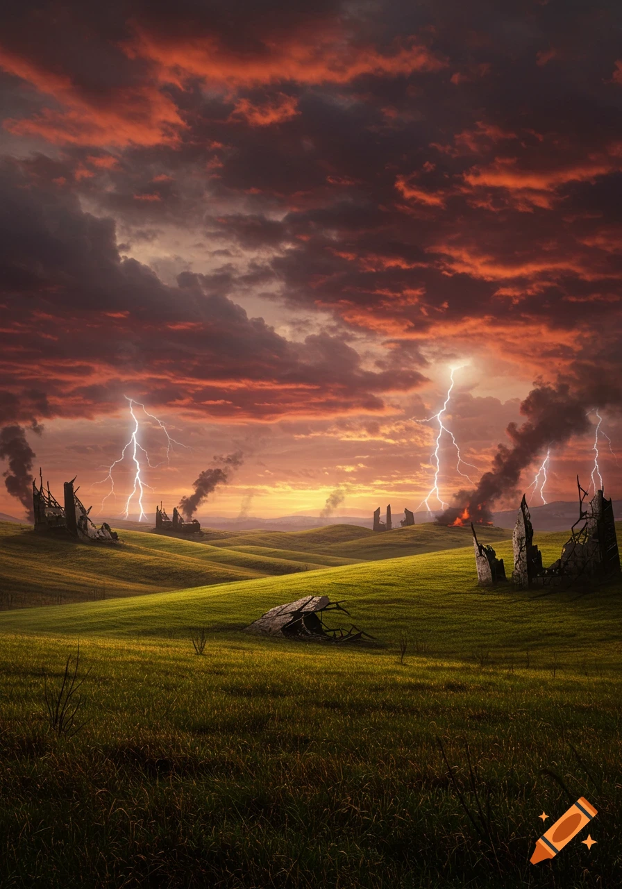 Dystopian landscape with ruined buildings on green hills under a fiery, stormy sky with lightning and plumes of smoke.