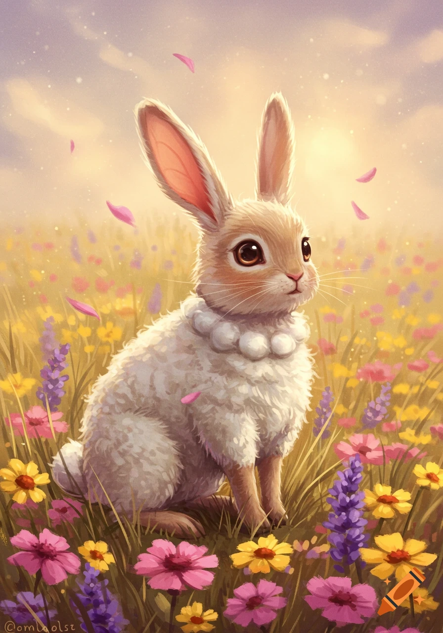 A fluffy bunny lamb hybrid with large ears sits in a vibrant field of pink, purple, and yellow flowers under a sunny sky, digital art.