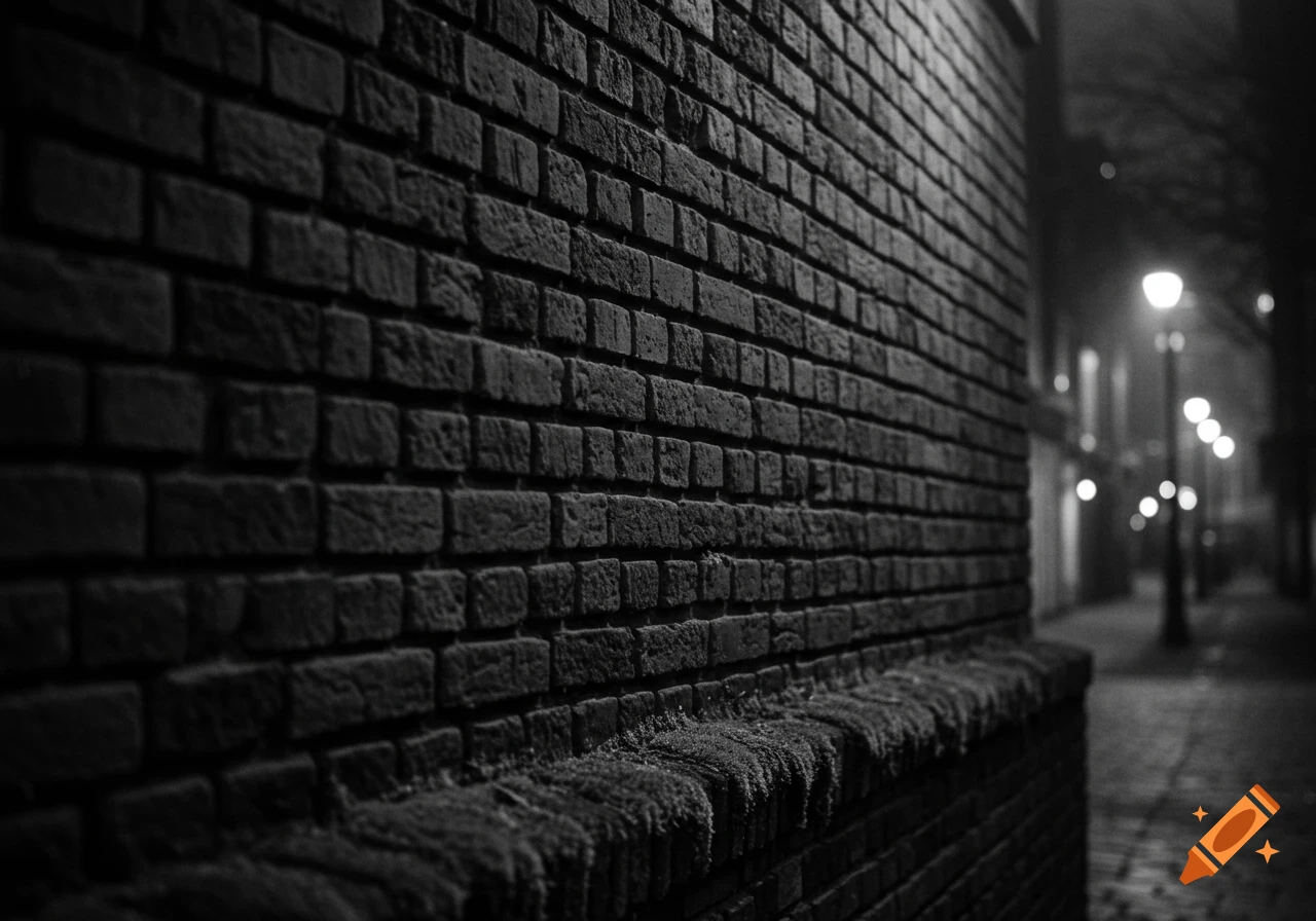 A close-up, black and white photo of a brick wall extending into the distance, with blurred streetlights visible in the background.