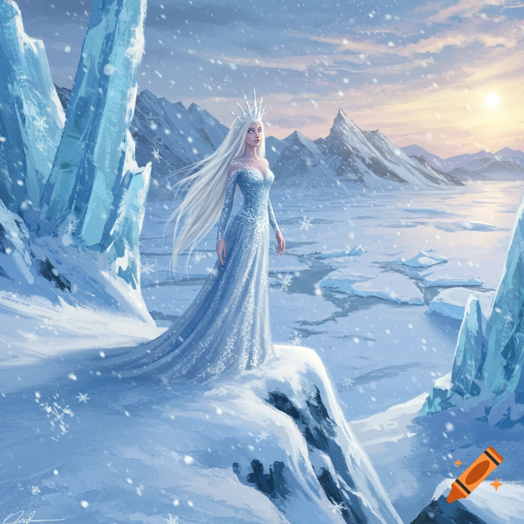 A majestic ice queen with long white hair in a sparkling blue dress stands on a snowy cliff, overlooking a frozen landscape at sunset.