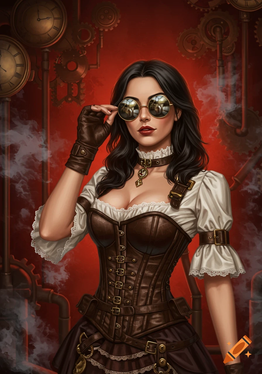 A brunette woman in steampunk gothic attire with round sunglasses against a red background with gears and steam.