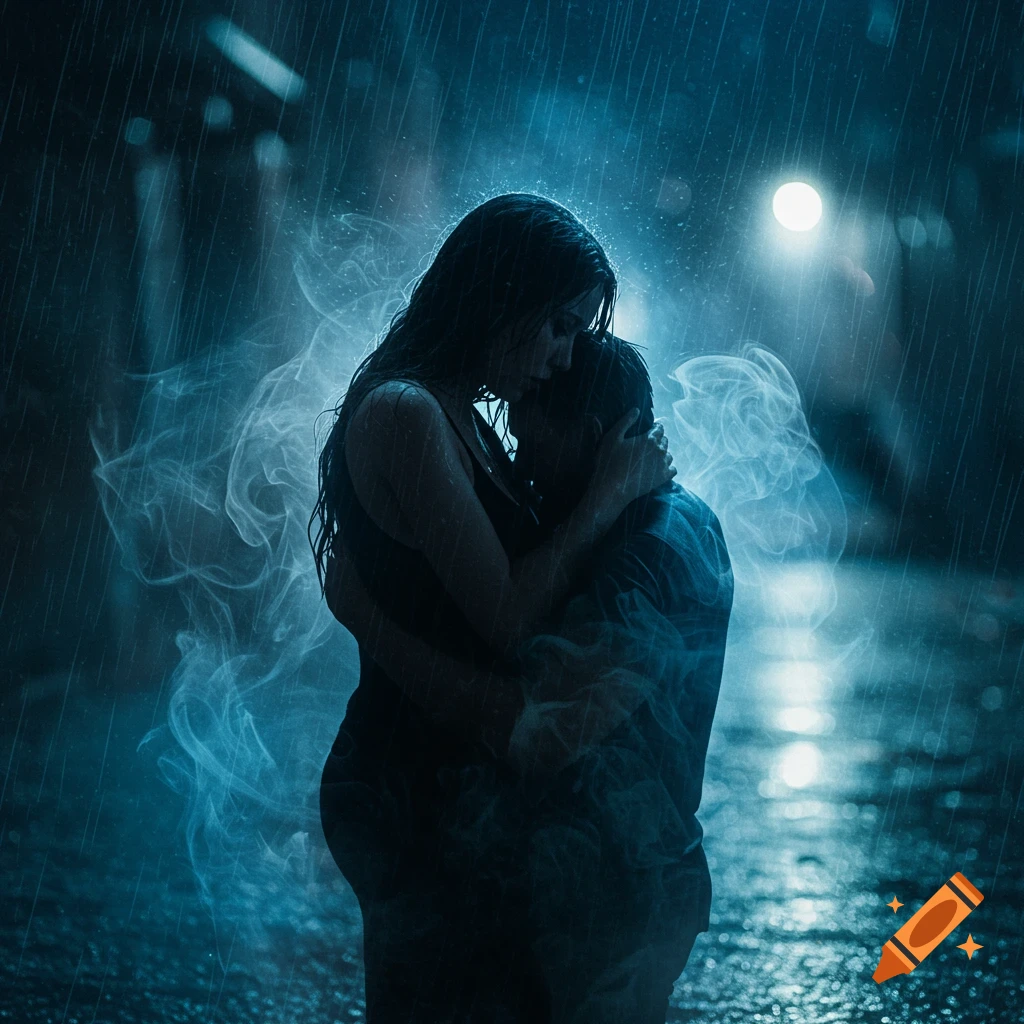 A couple embracing intimately in heavy rain at night, illuminated by a streetlamp with blue smoke swirling around them.