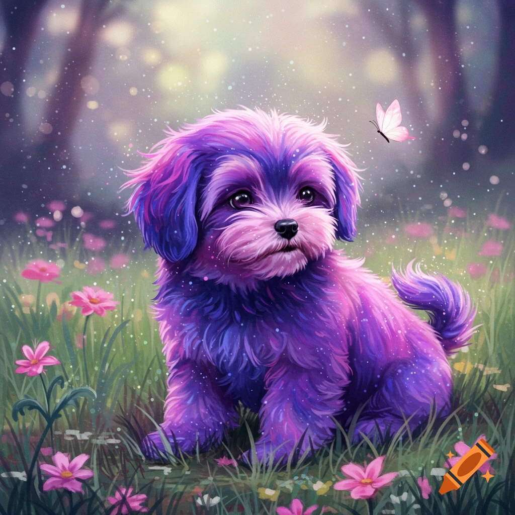 A whimsical purple maltipoo puppy sits in a field of pink flowers, with a butterfly fluttering nearby, surrounded by glowing particles.