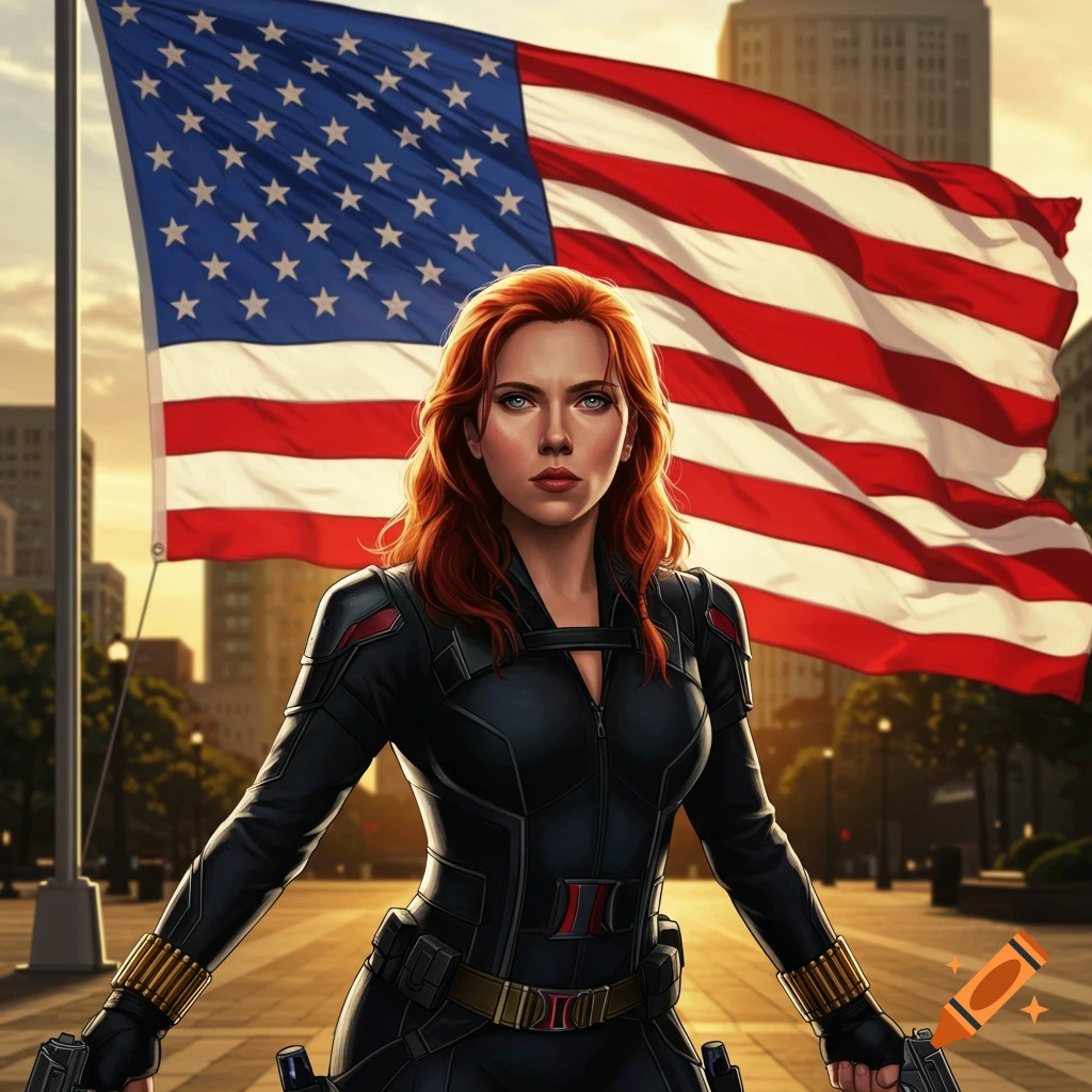 Black Widow in her black suit with pistols, in front of a large American flag and city skyline at sunset.