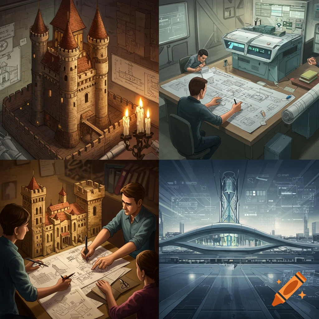 A split image shows two teams designing. Top left and bottom left feature a castle model and architects drawing plans. Top right and bottom right depict modern architectural blueprints and a futuristic airport design.