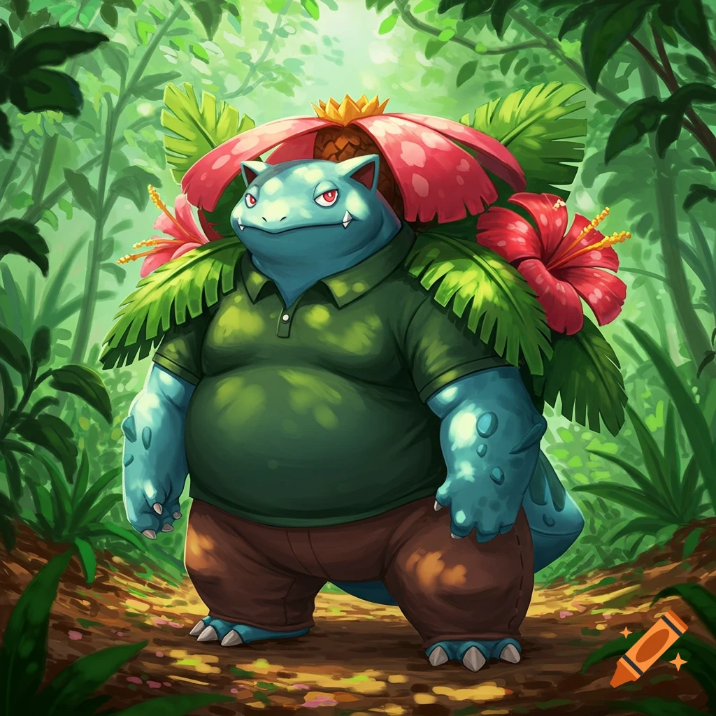An anthropomorphic Venusaur wearing a dark green polo shirt and brown pants stands in a lush jungle.