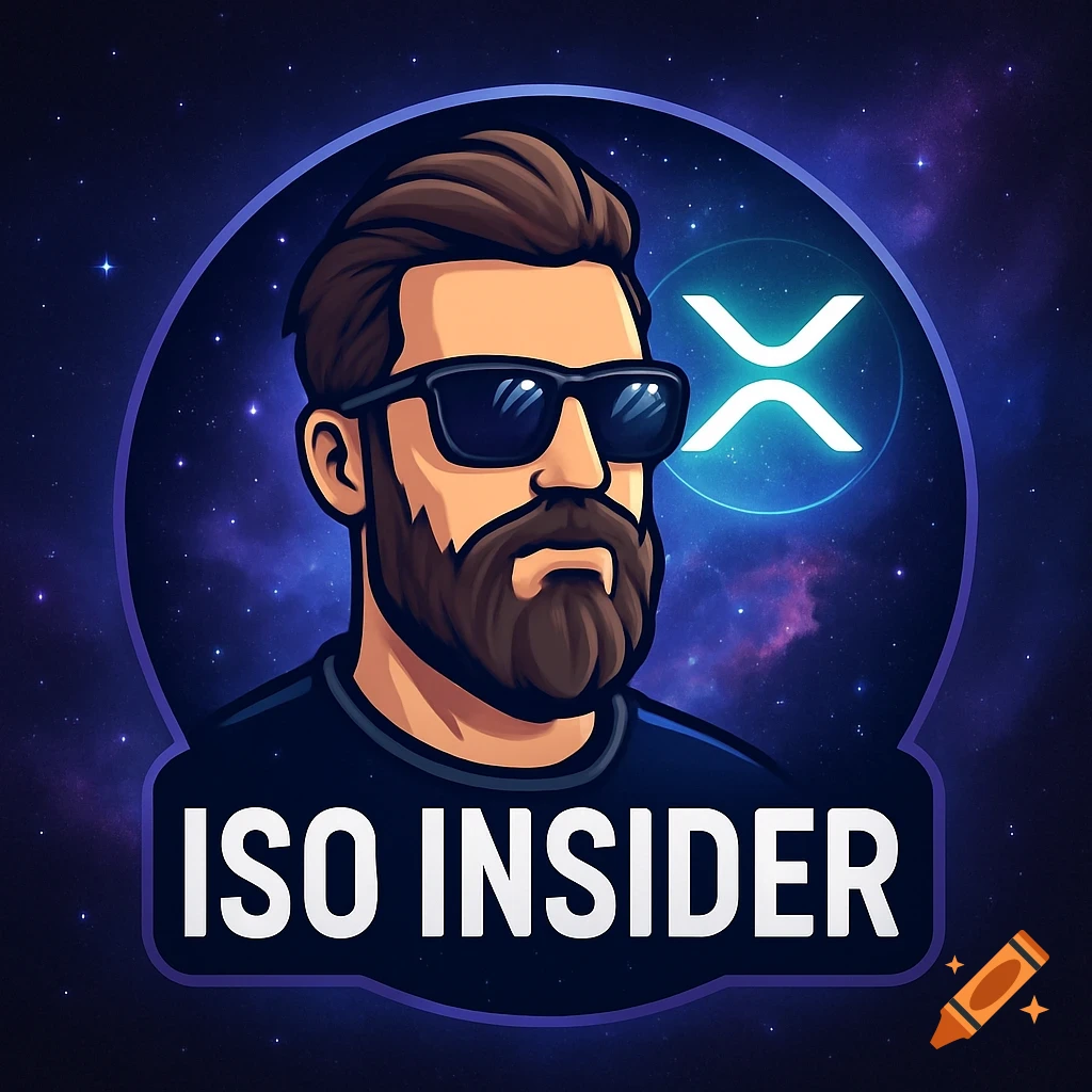 Digital art logo of a bearded man in sunglasses, with a space background and XRP logo, with 'ISO INSIDER' text below.