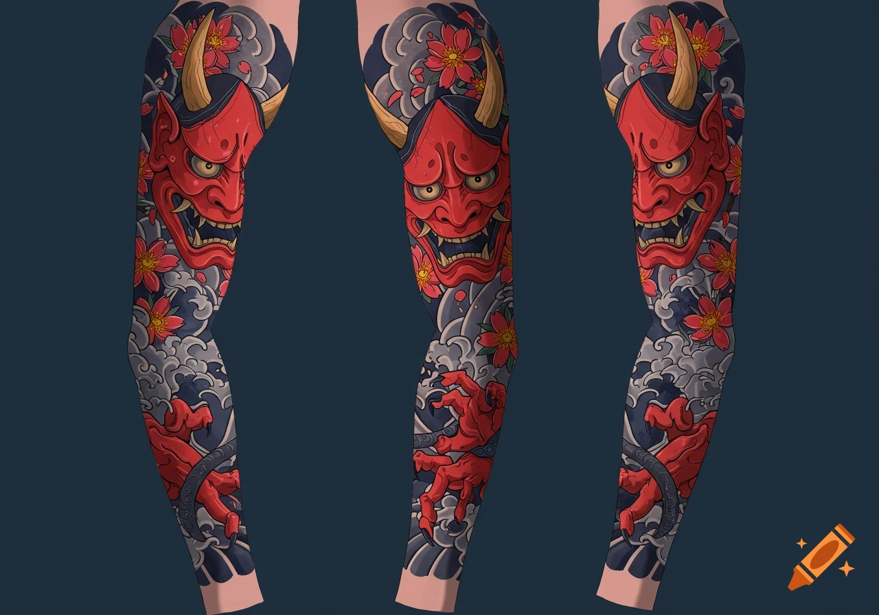 Japanese style tattoo sleeve featuring a red Oni mask, cherry blossoms, and waves.