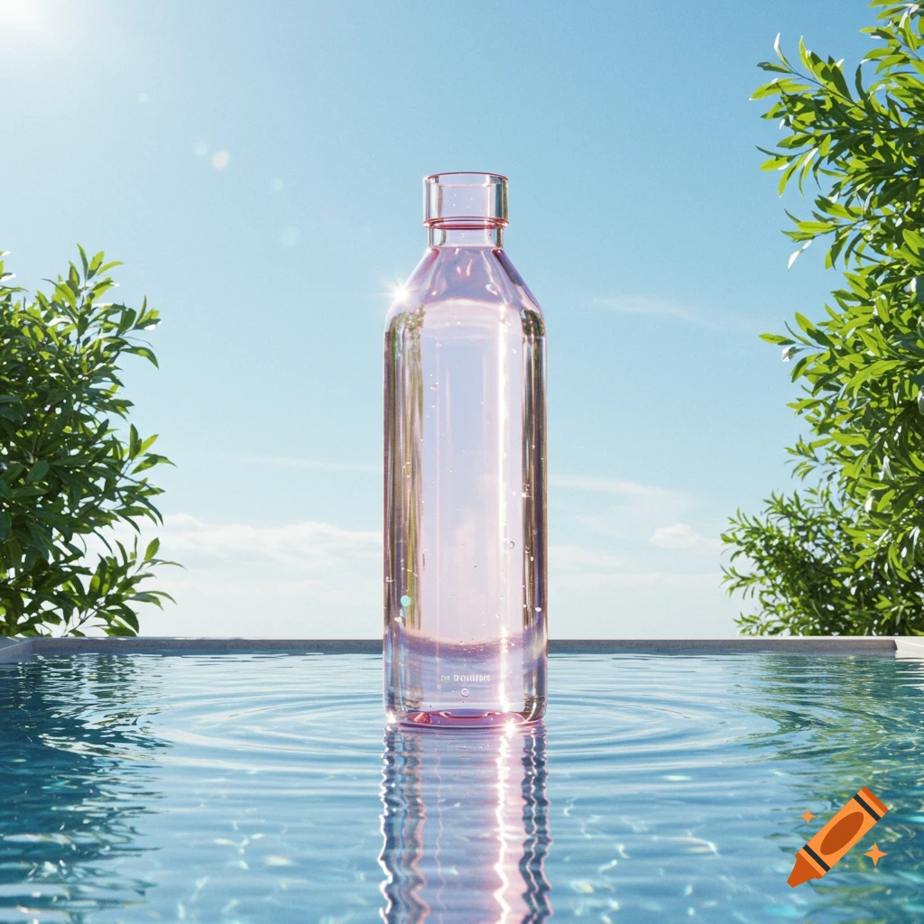 A photorealistic clear pink water bottle stands in a swimming pool with water ripples, under a bright blue sky with green trees.