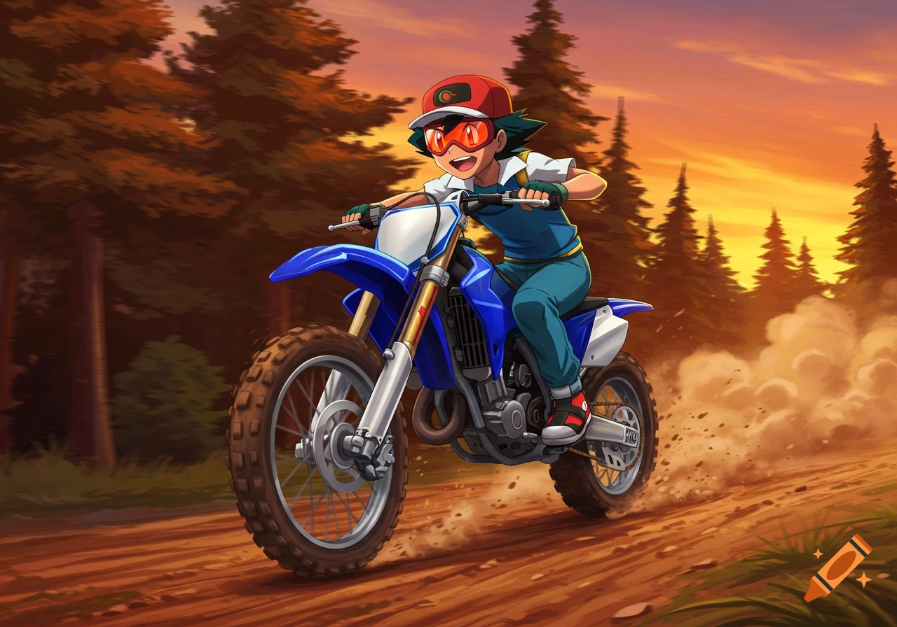Ash Ketchum from Pokémon rides a blue motocross bike on a dirt path through a forest at sunset, wearing red goggles.