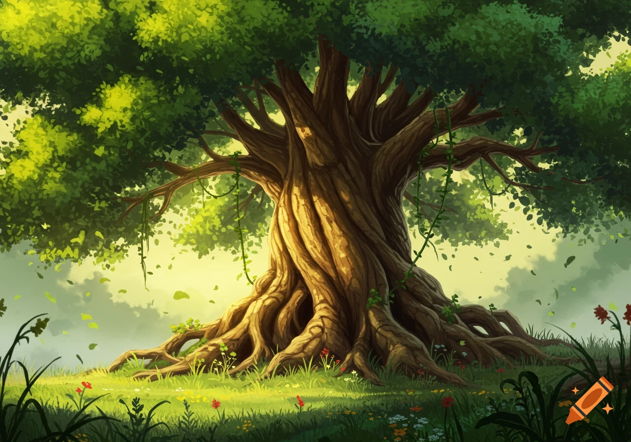 A vibrant, stylized illustration of a massive, gnarled ancient tree with thick roots, lush green foliage, and small wildflowers in a sunlit forest.