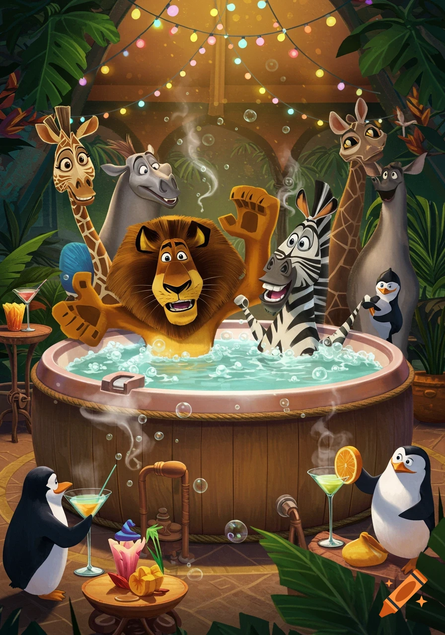 Madagascar characters Alex, Marty, Melman, Gloria, and penguins relaxing in a hot tub with drinks in a lush, animated setting.