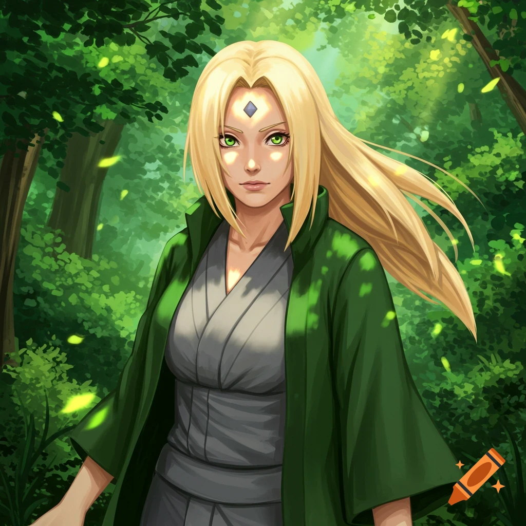 Anime-style Tsunade with long blonde hair, green eyes, and a diamond mark on her forehead, wearing a green coat, in a lush forest with sunlight.