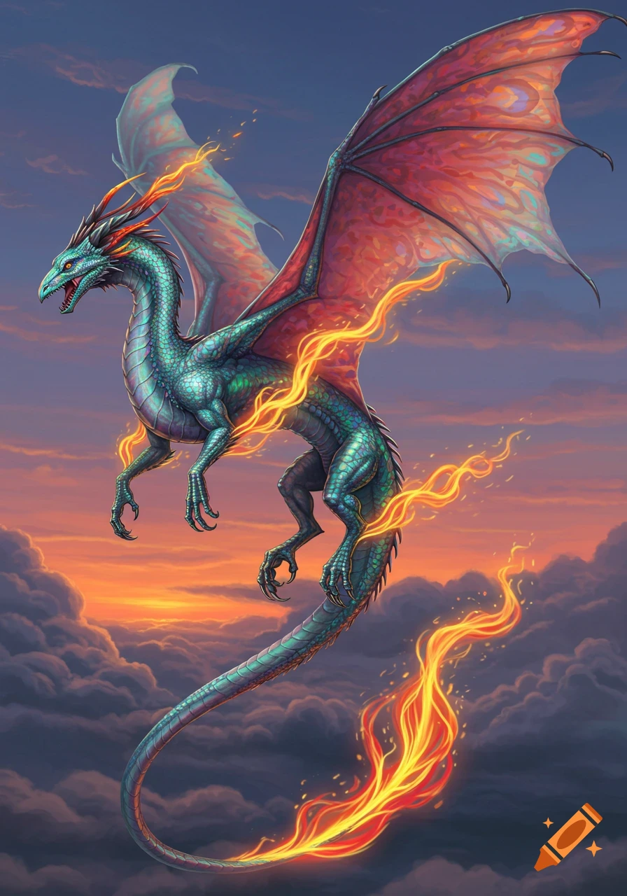 A vibrant teal and red dragon with fiery wings and tail soars through a colorful sunset sky filled with clouds.