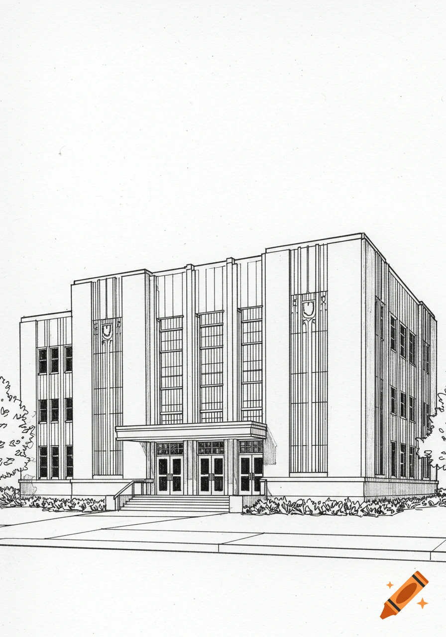 A detailed black and white line drawing of a neoclassical or Art Deco style building with a grand entrance and multiple windows.