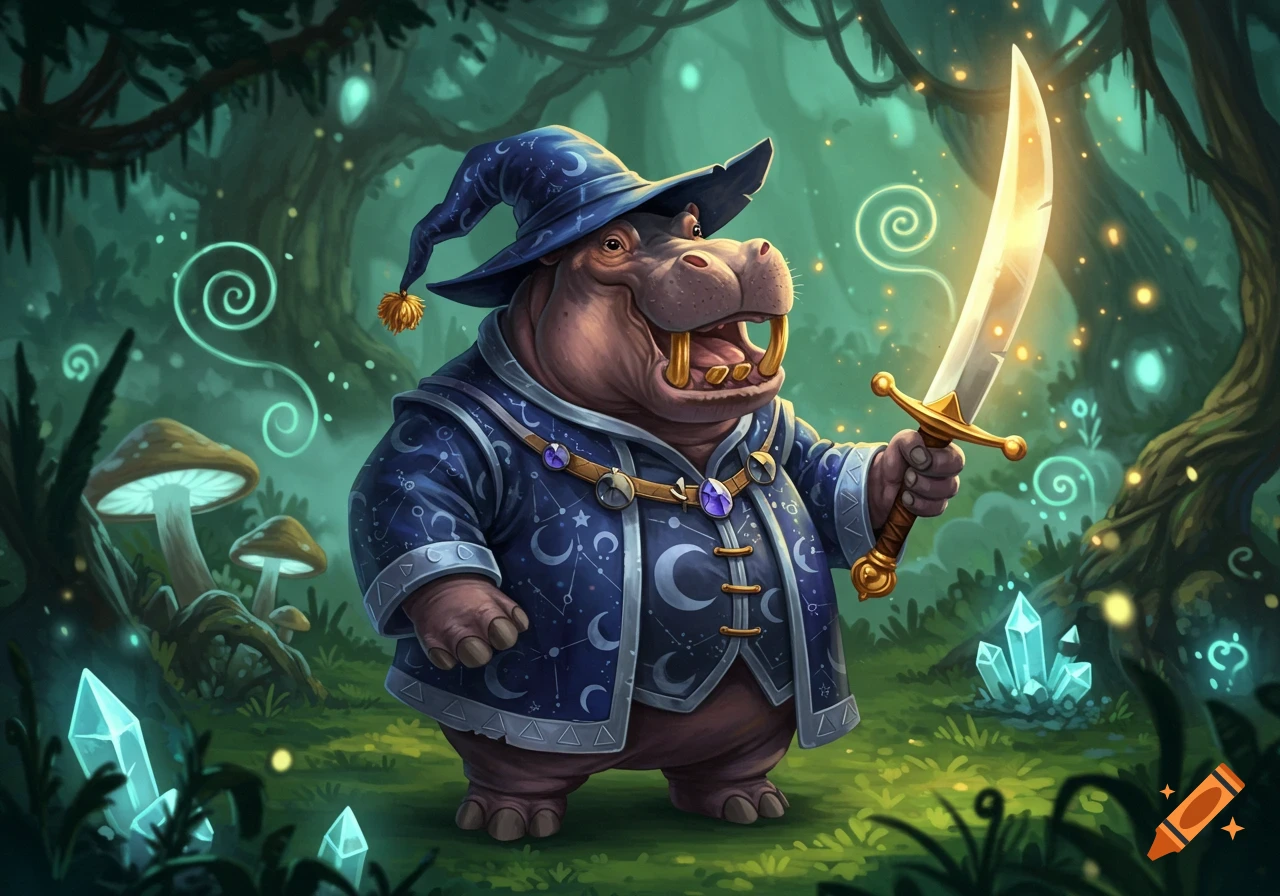 A happy hippo wizard with gold tusks, wearing a blue hat and robe with moon and star symbols, holds a glowing golden scimitar in a magical forest.