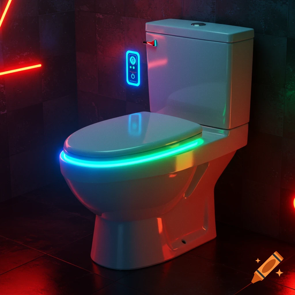 A modern white toilet with glowing RGB neon lights around the seat and a blue illuminated control panel on the dark tiled wall.