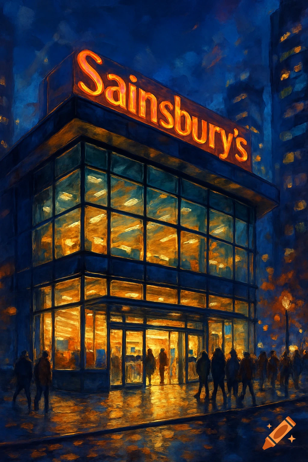 A vibrant oil painting of a Sainsbury's supermarket at night, with glowing windows and blurry figures walking outside.