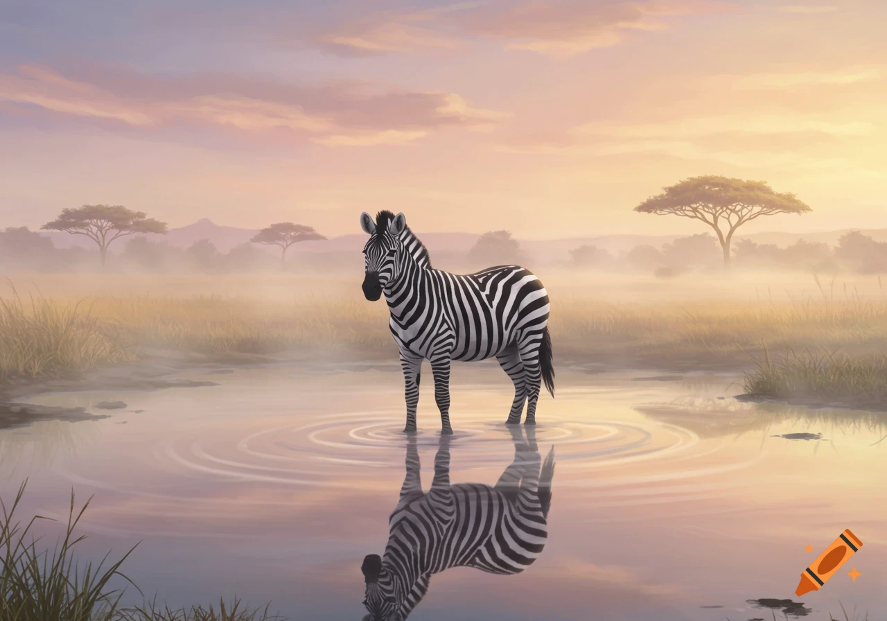 A zebra stands in shallow water with ripples, reflecting its image, in a misty savanna landscape at sunset.