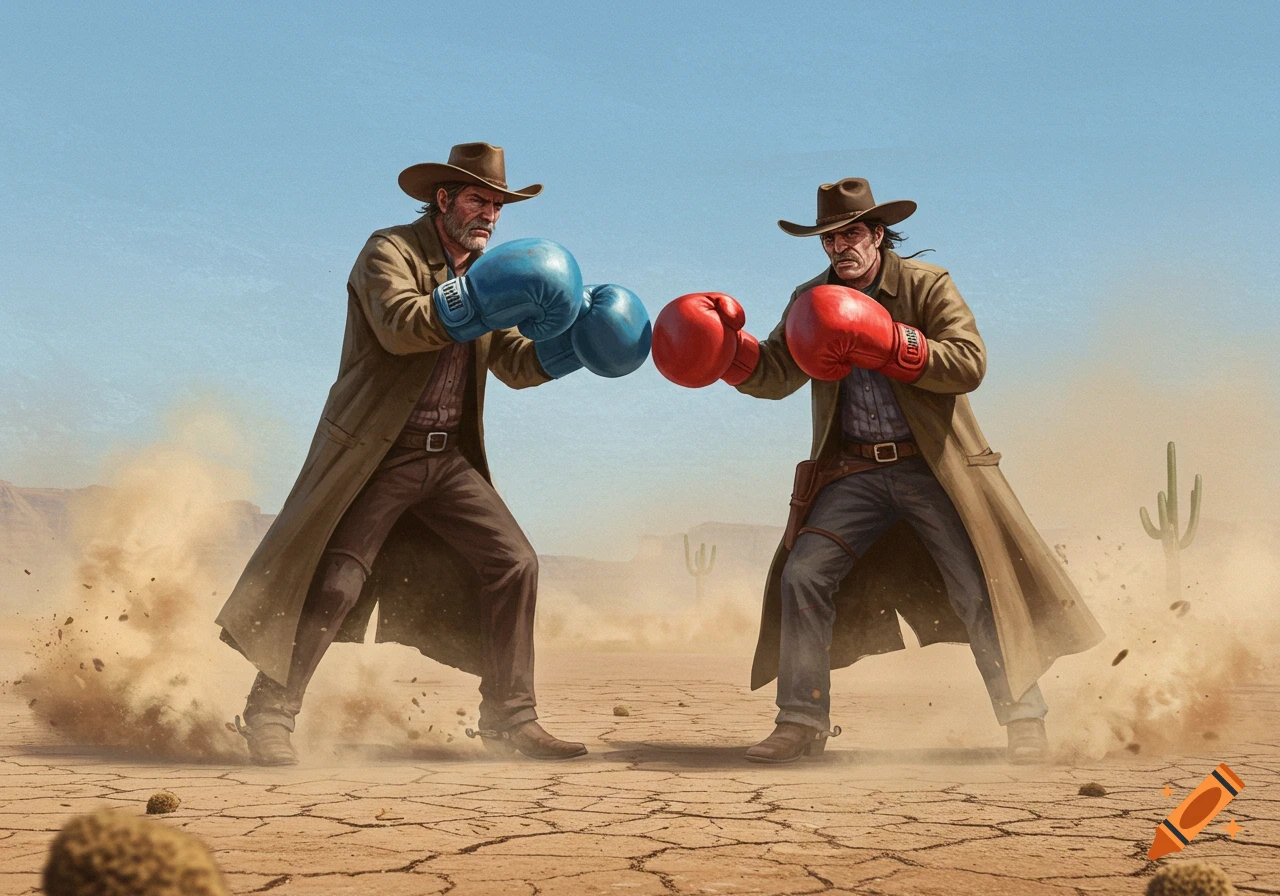 Two cowboys wearing long duster coats and hats face off in a desert, both wearing boxing gloves.