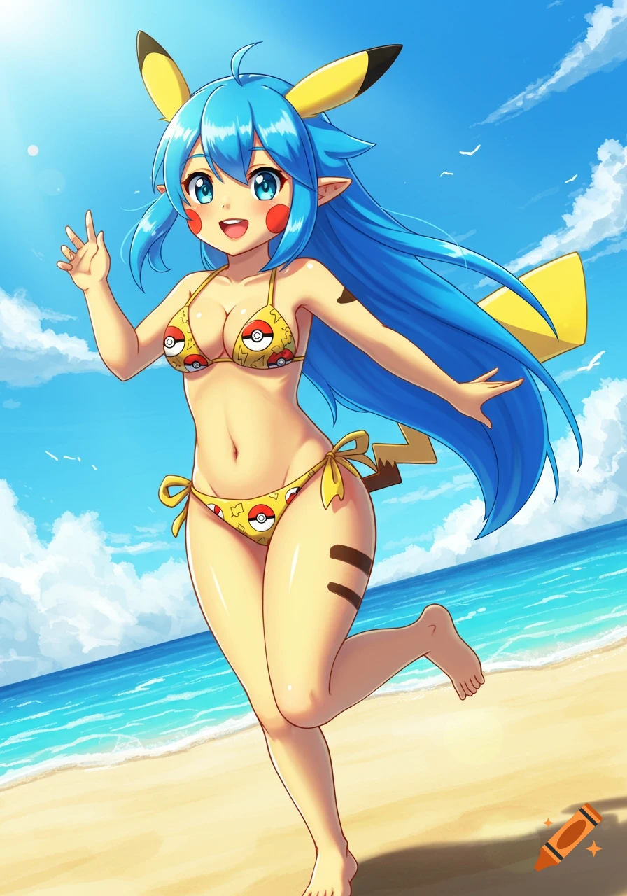 Anime woman dressed as Pikachu, wearing a yellow bikini with Poké Ball patterns, smiling and posing on a sunny beach.