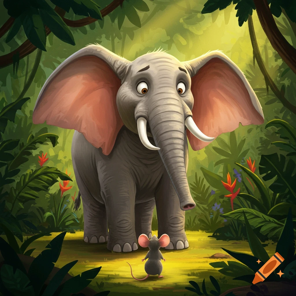 A large, cartoon elephant with wide, worried eyes looks down at a tiny mouse in a lush, sunlit jungle, illustration style.