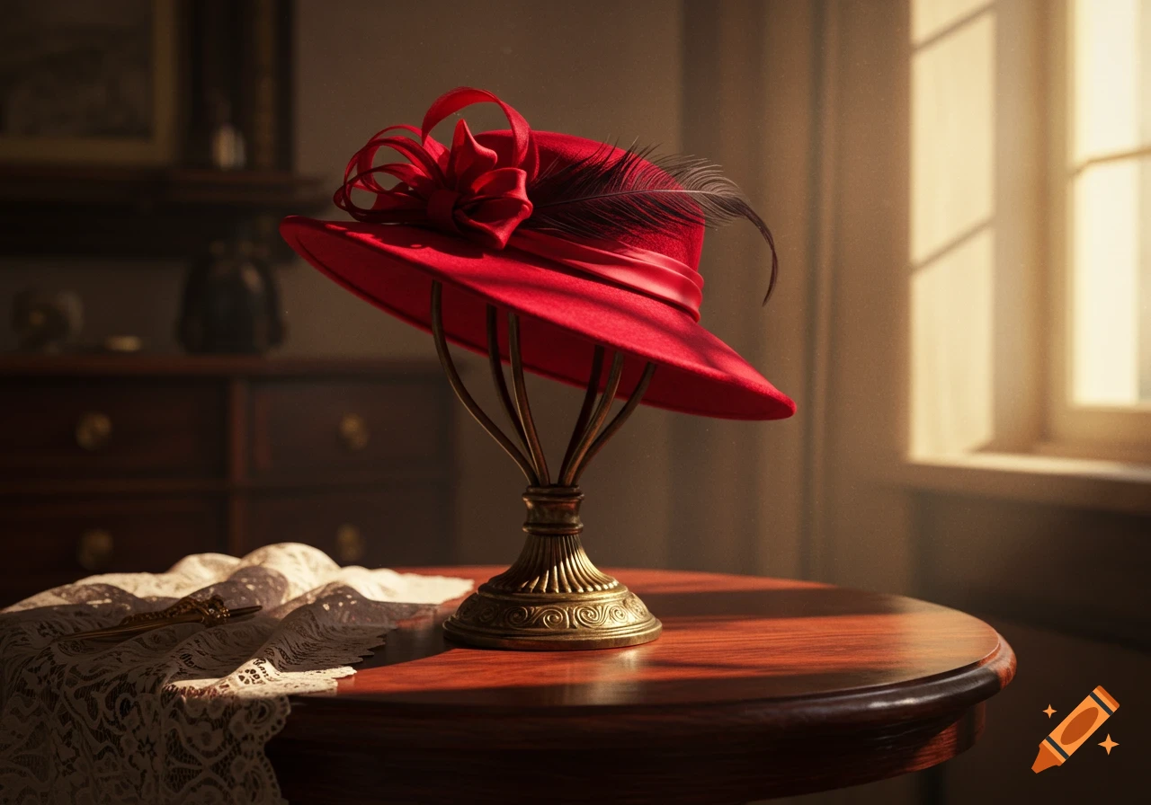 A vibrant red hat with a ribbon and feather sits on an ornate brass stand on a polished wooden table, illuminated by window light.