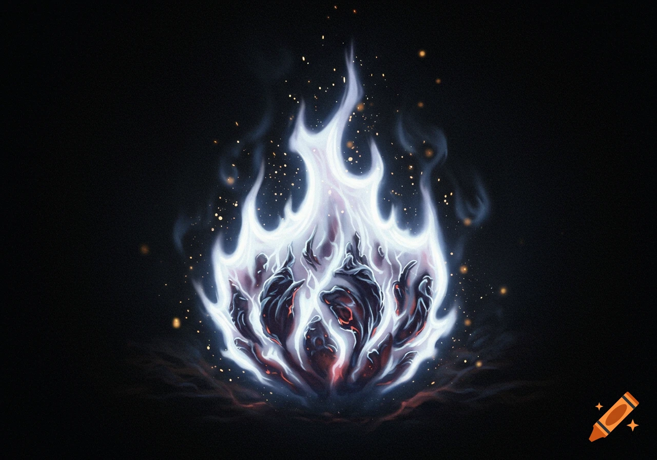A stylized pale blue-white flame with dark, ember-like veins and sparkling particles, against a black background.