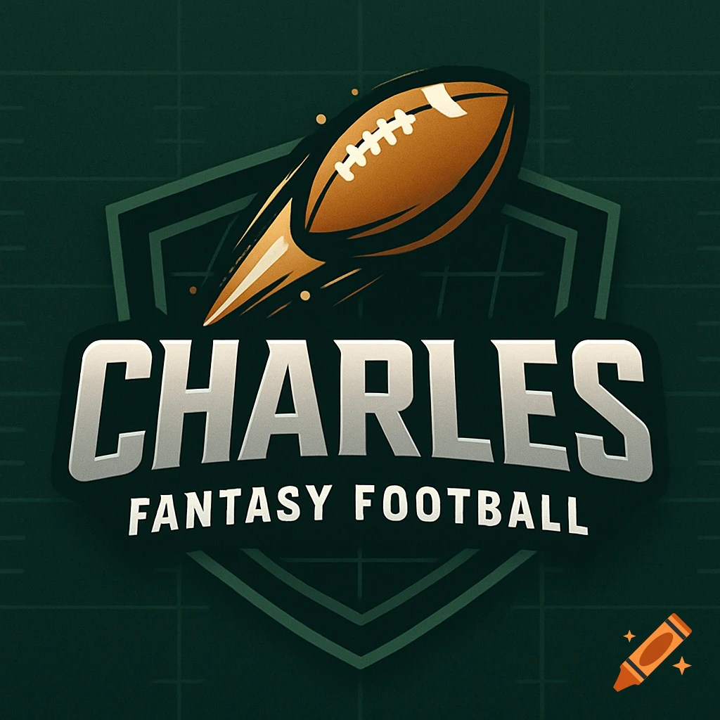 Charles Fantasy Football logo featuring a stylized football flying over a shield shape on a dark green background.