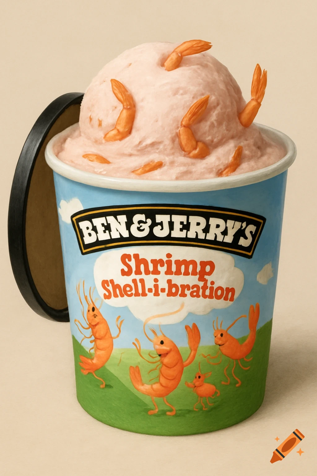 Photorealistic Ben & Jerry's 'Shrimp Shell-i-bration' ice cream pint with pink shrimp ice cream and cartoon shrimp on the label.