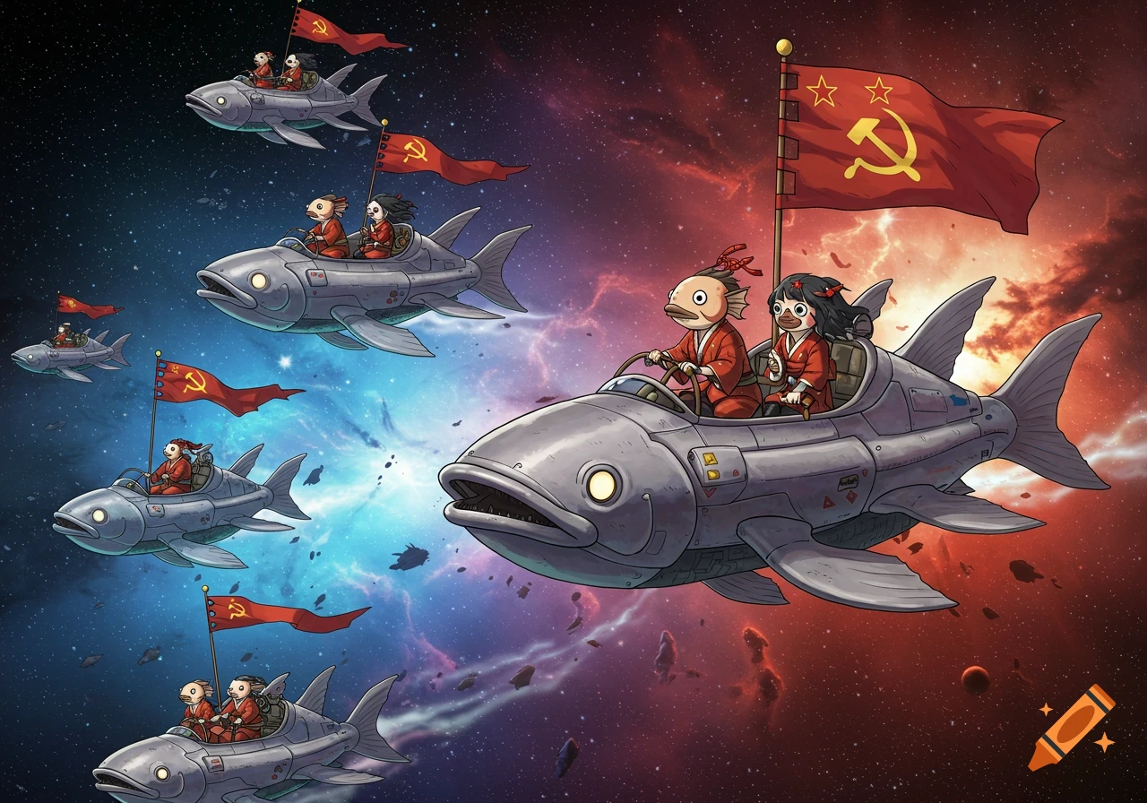 Cartoon fish-headed characters fly fish-shaped mechs with communist flags through a vibrant space nebula.