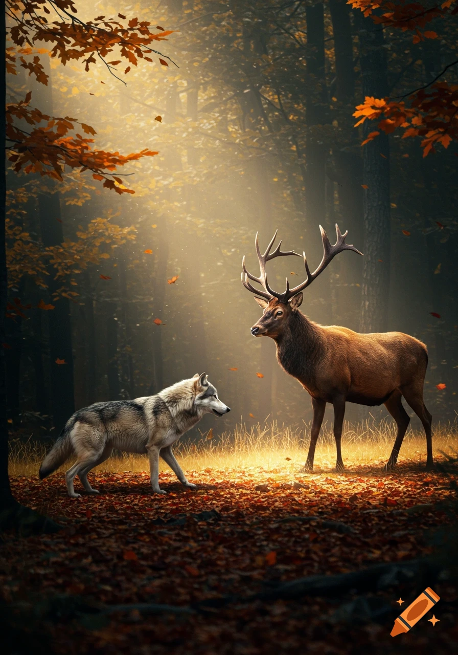 A wolf and an elk stand in a sunlit autumn forest with falling orange leaves, photorealistic style.