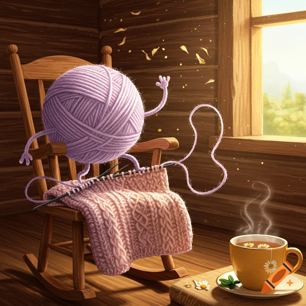 A whimsical illustration of a purple yarn ball with arms and legs knitting a pink blanket on a rocking chair, with a steaming teacup nearby.