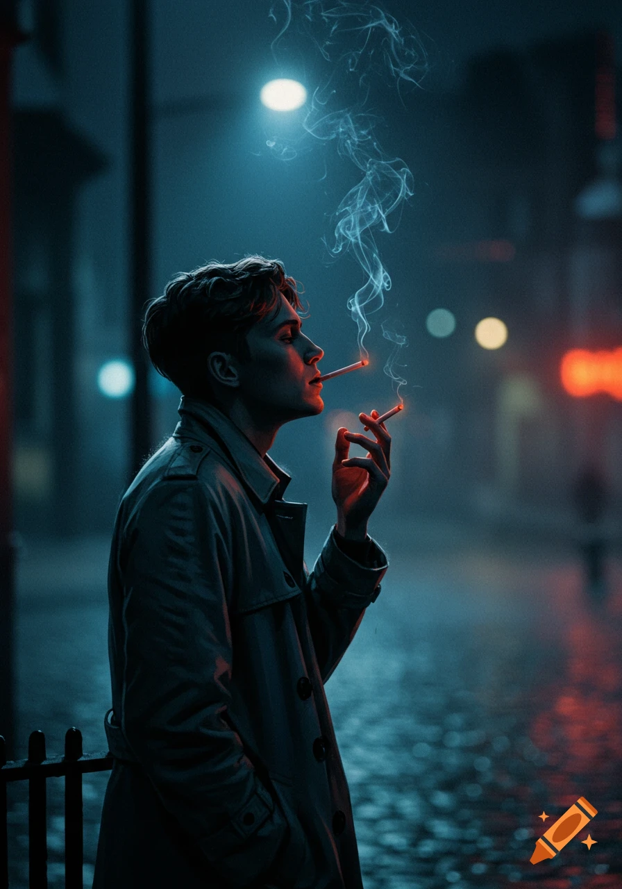 A man in a trench coat smoking two cigarettes on a rainy city street at night, lit by blue and red neon lights.