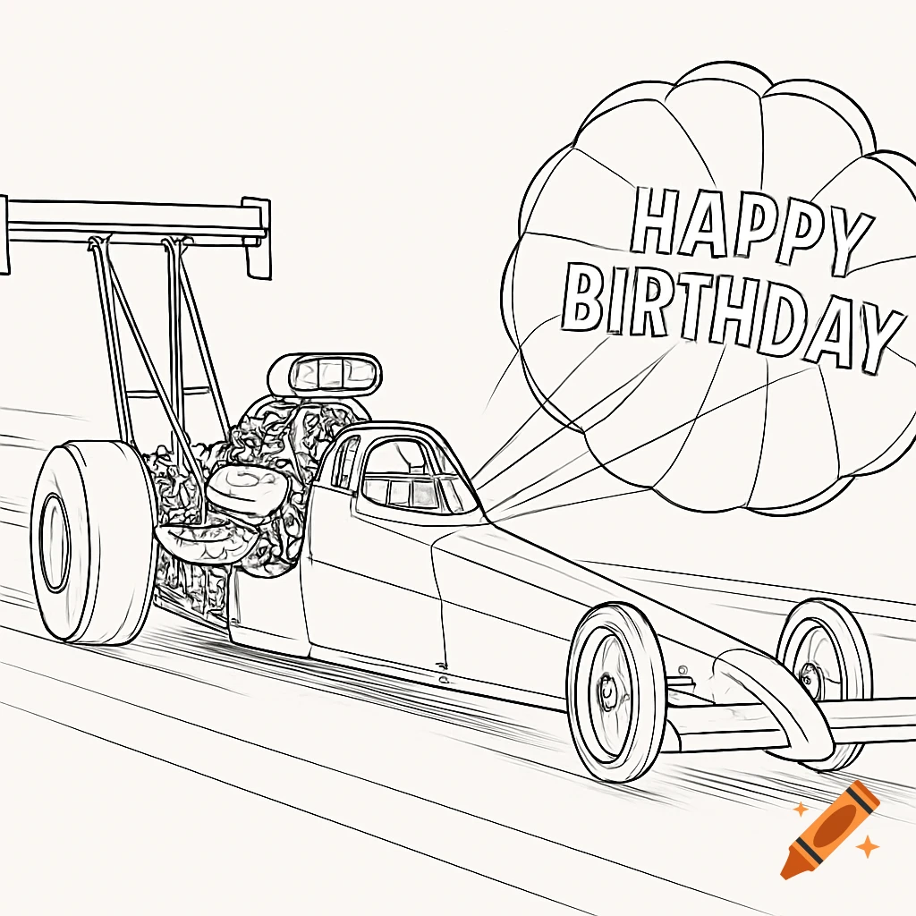 A line drawing of a top fuel dragster with a 'Happy Birthday' parachute deployed, speeding on a track.