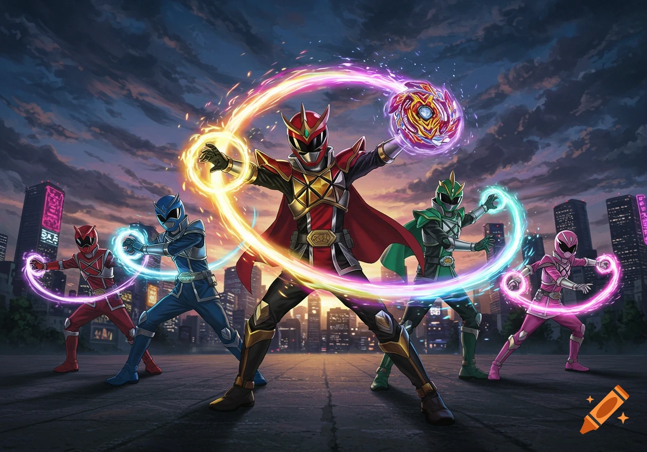 Five colorful Super Sentai-like heroes, including a red leader with a cape and a Beyblade, stand in a city at sunset.