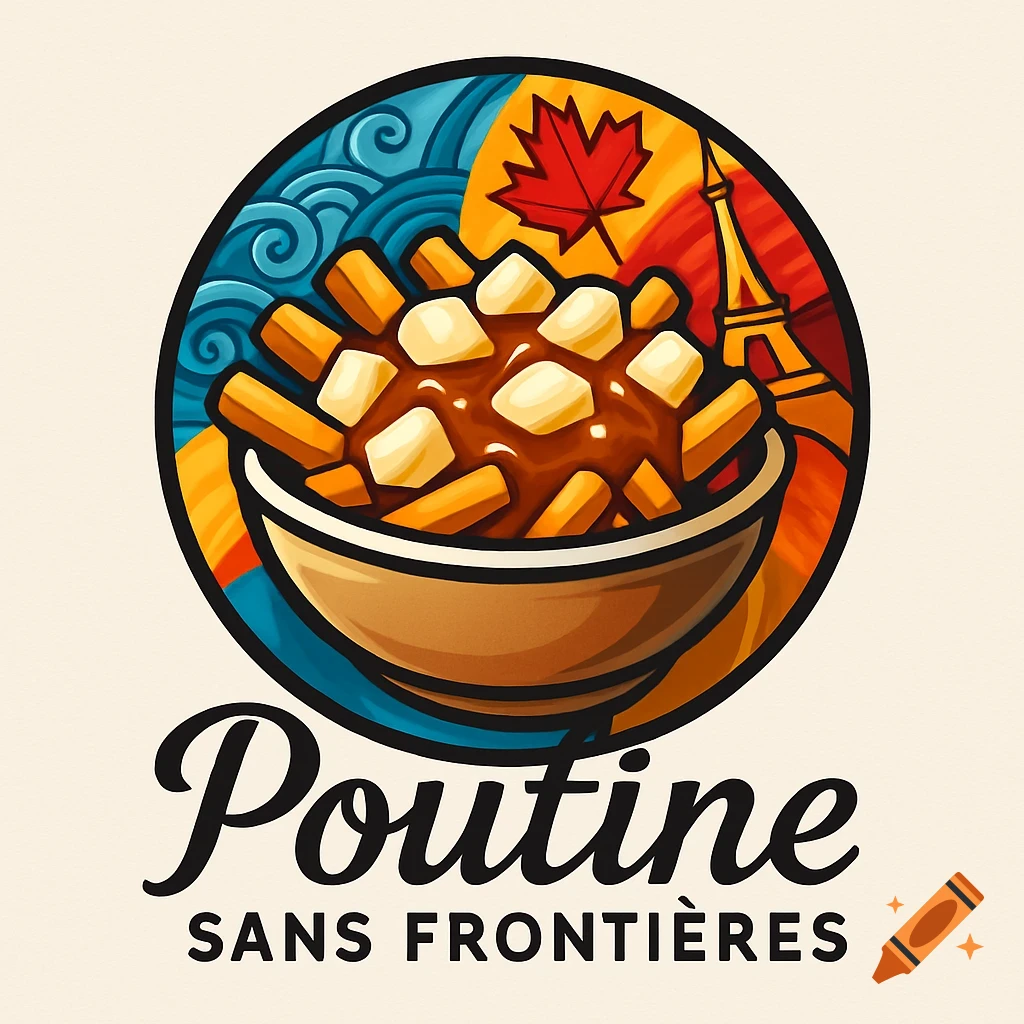 Stylized logo featuring a bowl of poutine, a Canadian maple leaf, Eiffel Tower, and ocean waves, with the text 'Poutine SANS FRONTIÈRES'.