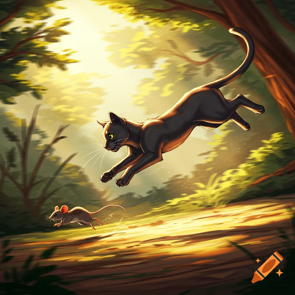 A stylized illustration of a black cat jumping to pounce on a mouse, running through a sunlit forest.