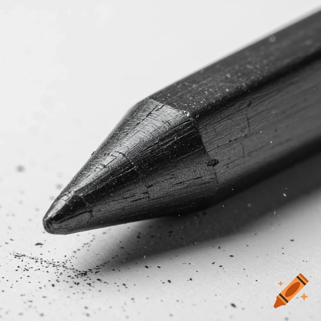 Macro shot of a sharpened black charcoal pencil tip with graphite dust on a white surface.
