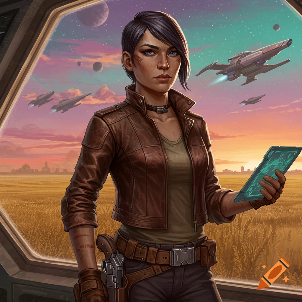A determined woman in a brown jacket holds a tablet, looking out a spaceship window at an alien planet with flying ships.