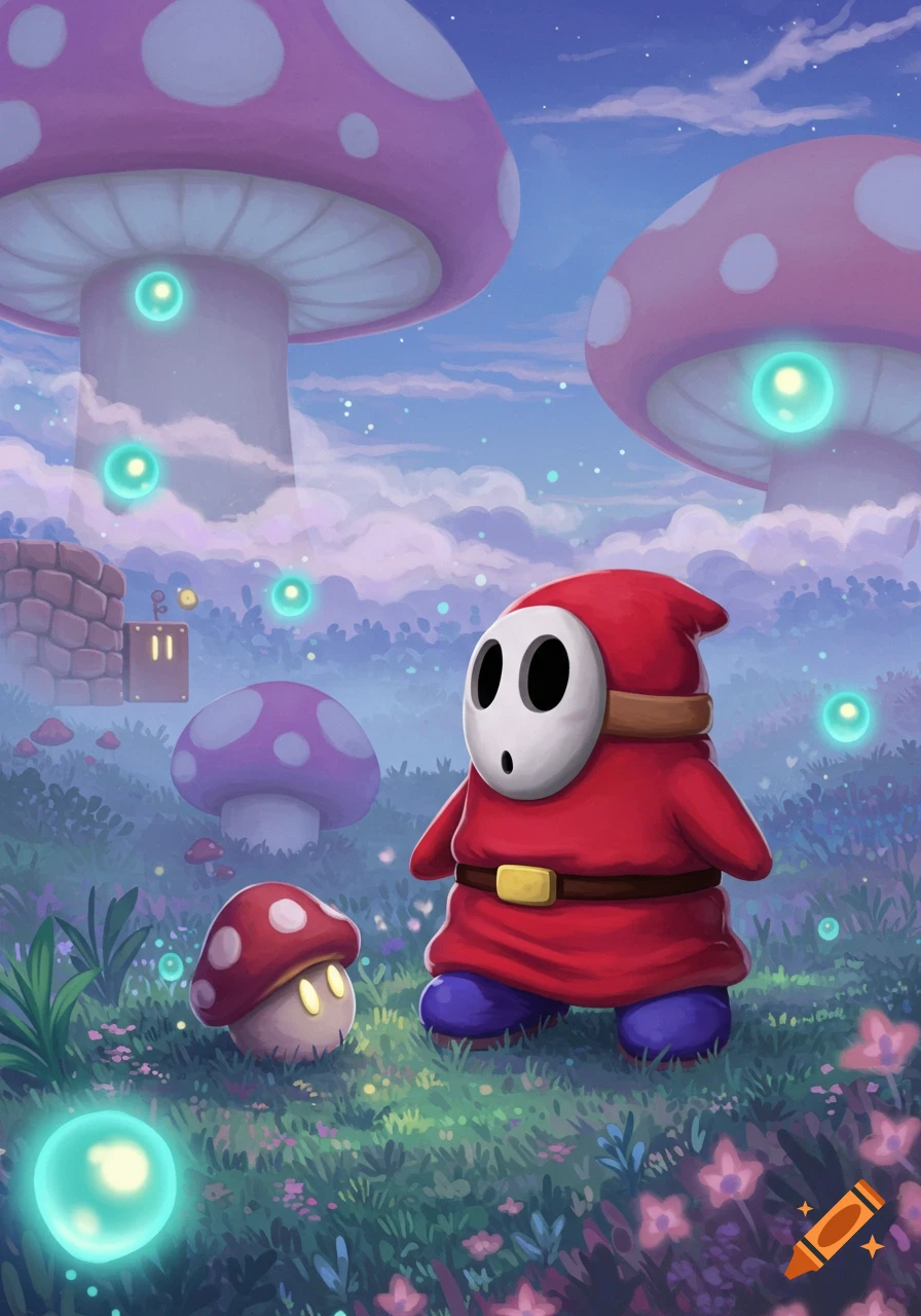 A red Shy Guy stands with a small mushroom in a vibrant fantasy field with giant pink mushrooms and glowing orbs under a cloudy sky.