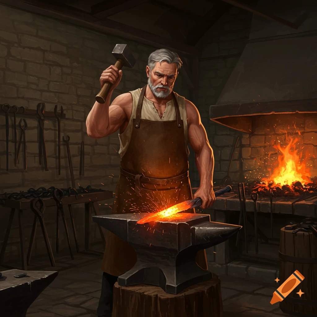 A skilled blacksmith in a leather apron hammers a glowing red-hot blade on an anvil, sparks flying in his workshop.