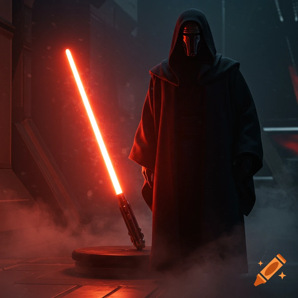 A dark cloaked figure with a black mask holds an illuminated red lightsaber in a shadowy, smoky sci-fi setting.