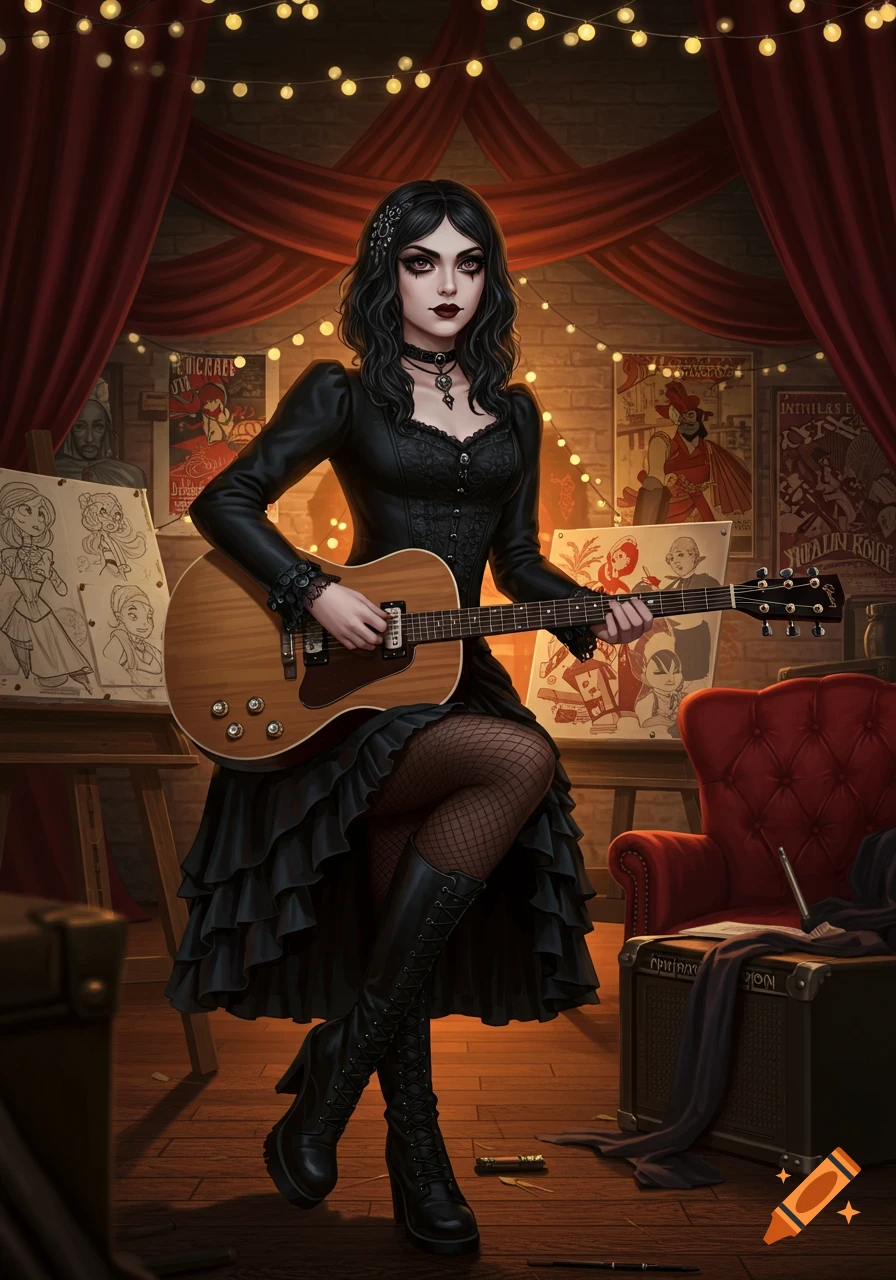 A goth woman with dark makeup, black dress, and fishnet stockings, plays an acoustic guitar in an artist's studio with posters, easels, and string lights.