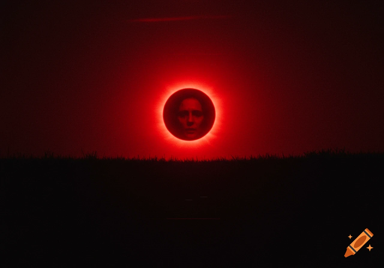 A red, glowing eclipse with a solemn human face inside it hangs over a dark, silhouetted landscape, in a grainy, retro style.