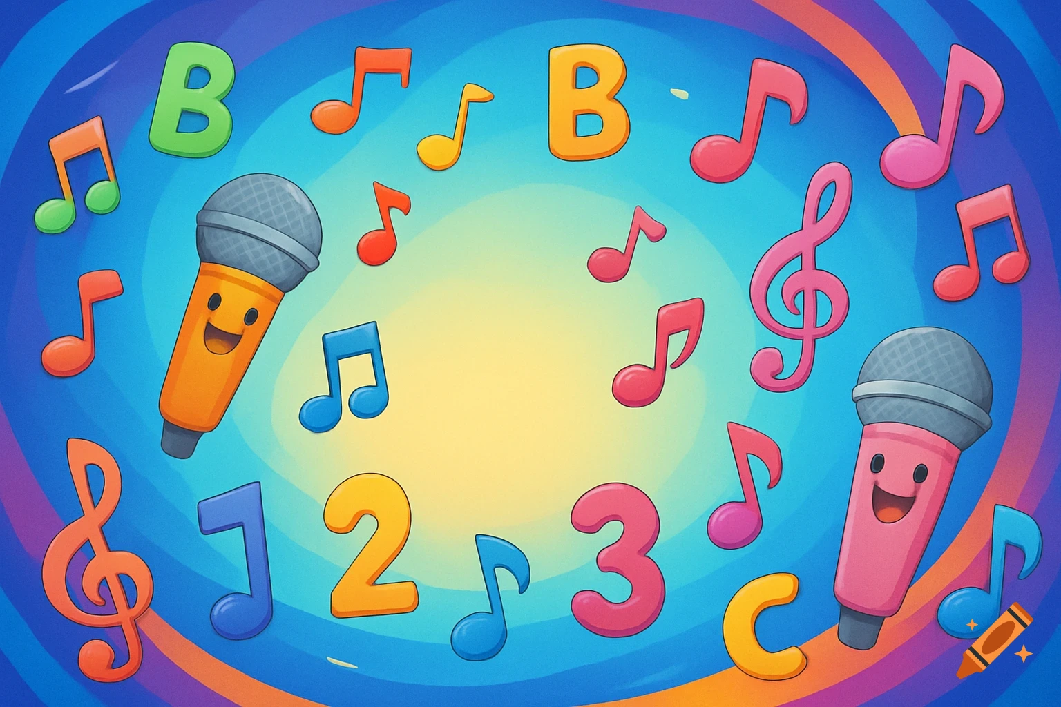 Two cartoon microphones, musical notes, letters B and C, and numbers 2 and 3 float on a vibrant blue, purple, and yellow swirly background.