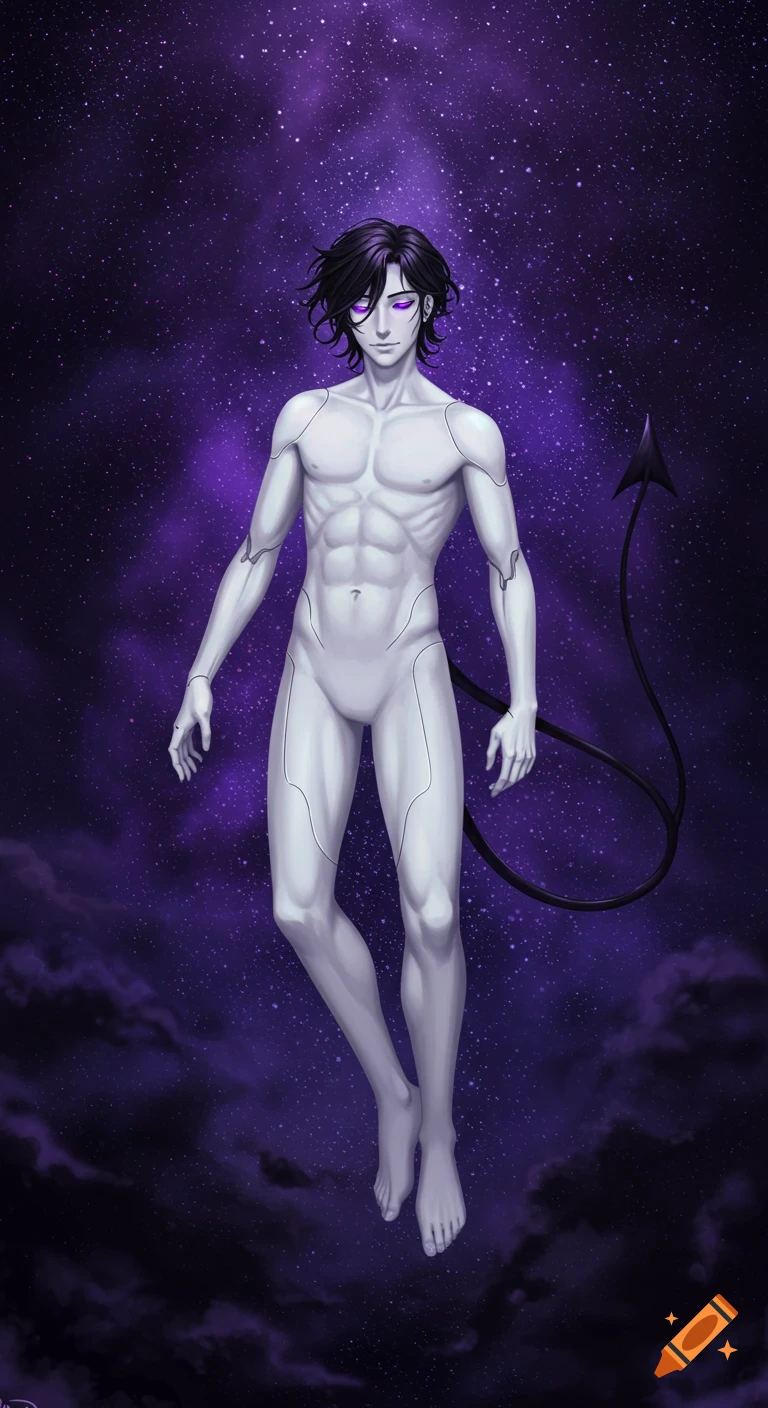 An anime man with white robot skin, black hair, glowing purple eyes, and a demon tail floats in a starry purple void.