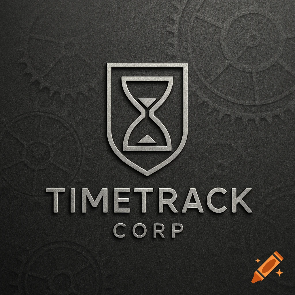 A metallic silver TimeTrack Corp logo with an hourglass in a shield, on a dark background with faint clock gears.